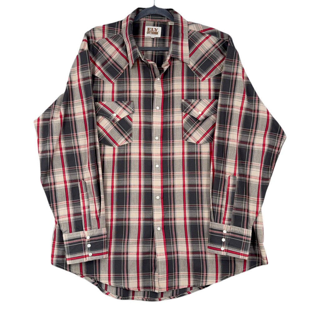 ELY CATTLEMAN Mens Plaid Western Shirt Snap Button‎ Pearl Snap Long Sleeve XXL